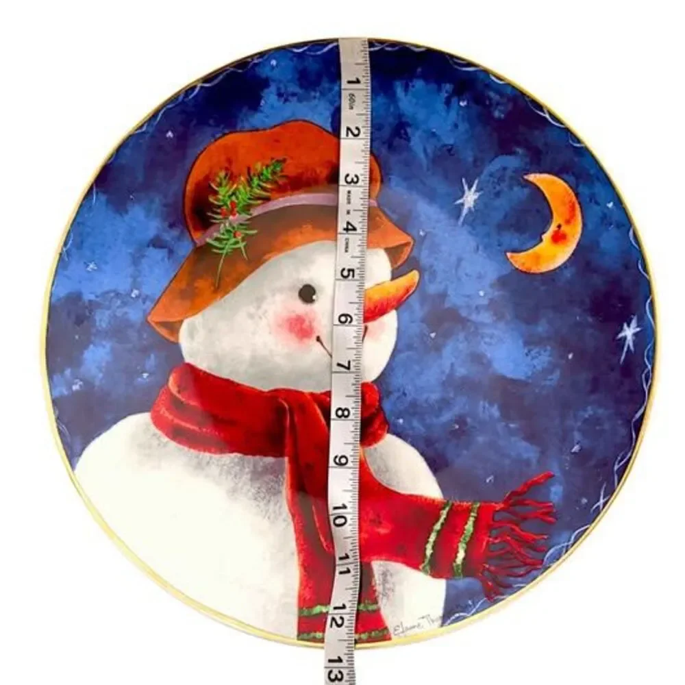 Elaine Thompson Ceramic Snowman Plate Winter Holiday Decor Blue 12.5